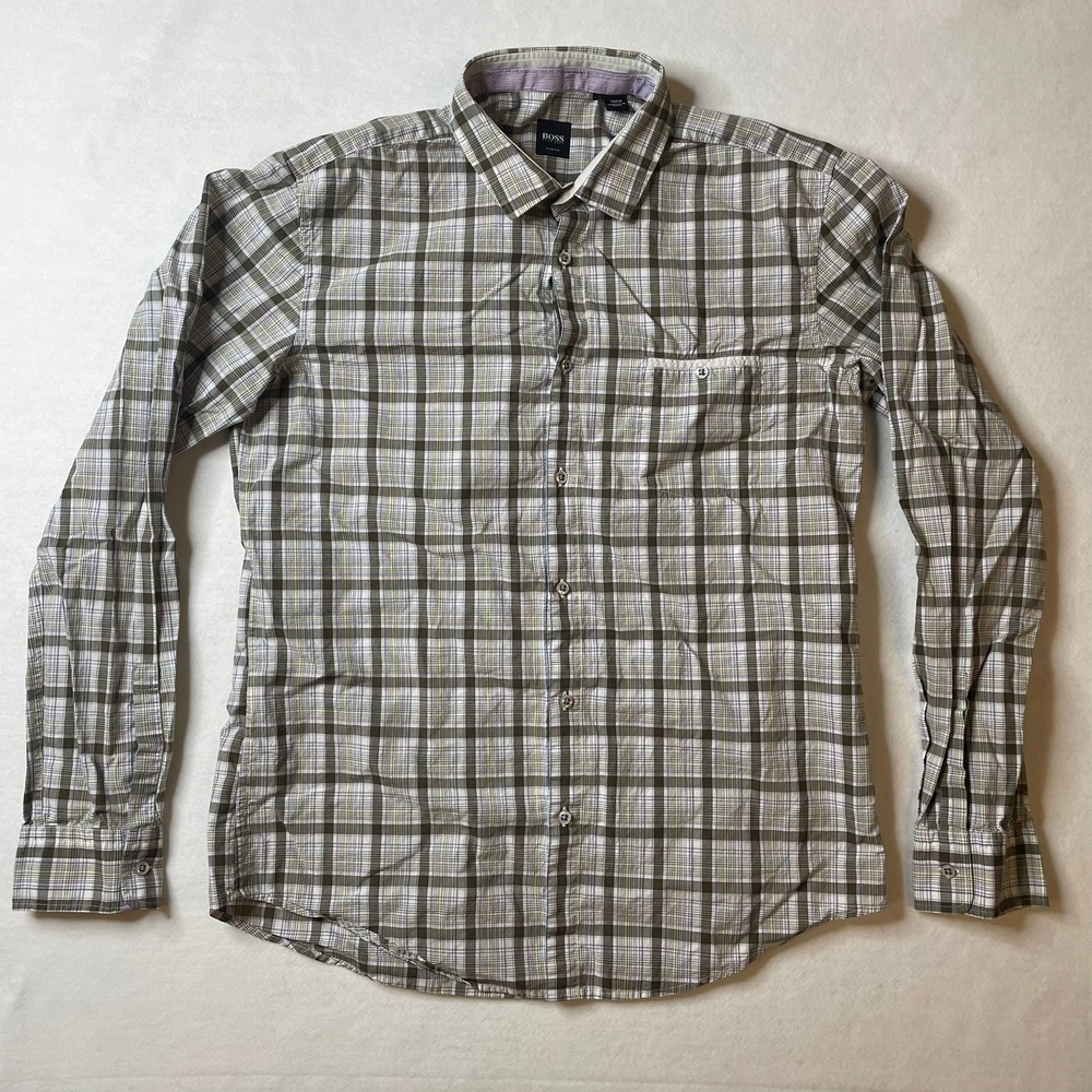 Hugo Boss Green and White Plaid Dress Shirt